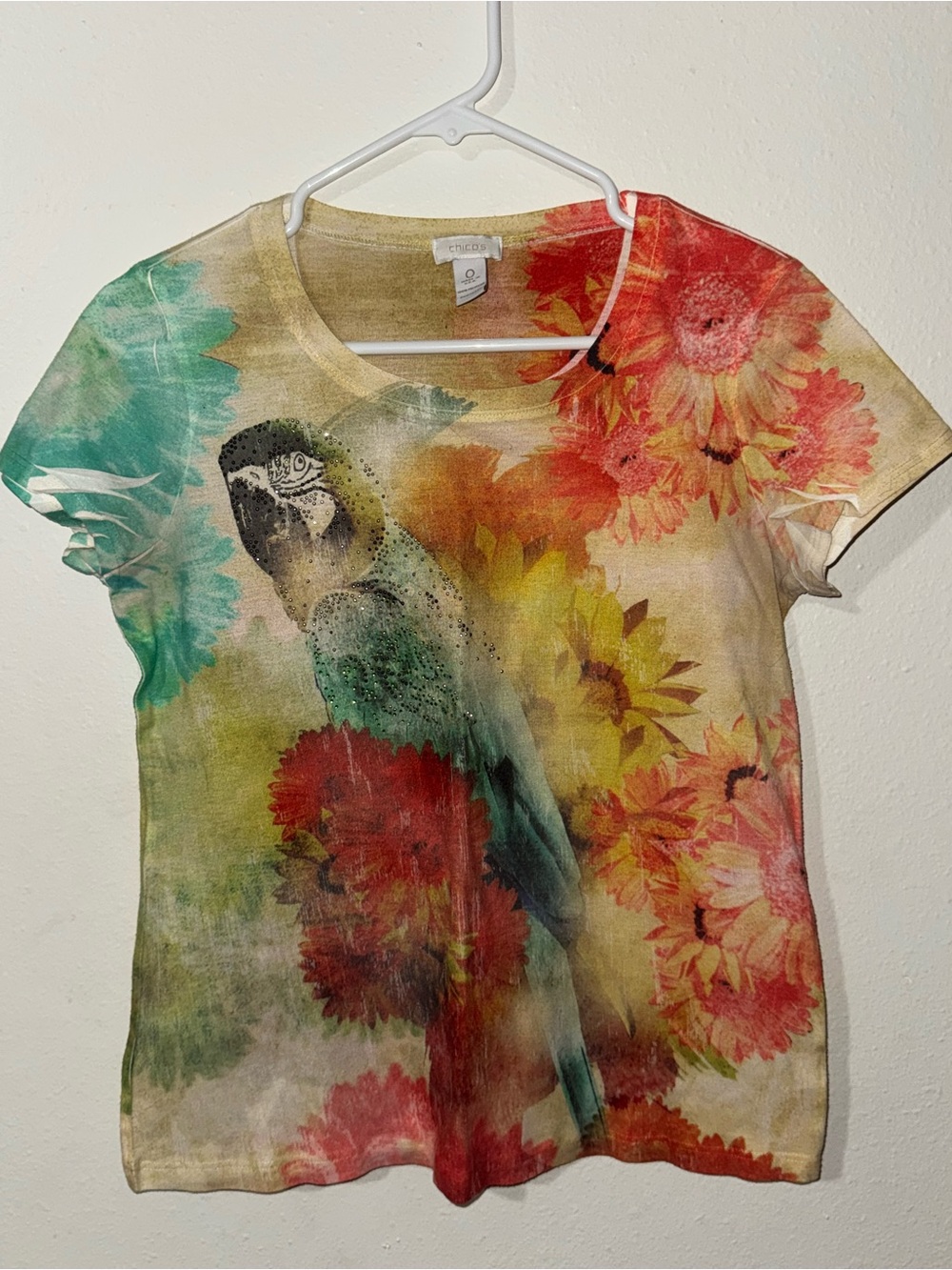 Vintage Chico's Short-Sleeve Parrot & Floral Tee - Green/Red/Yellow